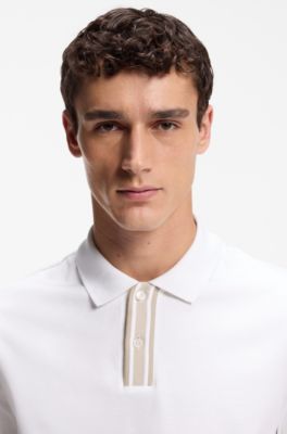 Mercerised-cotton polo shirt with striped trims, White