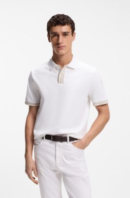 Mercerised-cotton polo shirt with striped trims, White