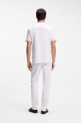 Mercerised-cotton polo shirt with striped trims, White