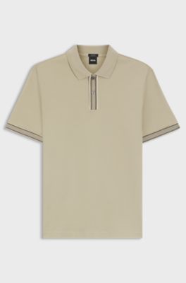 Mercerised-cotton polo shirt with striped trims, Light Beige