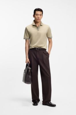 Mercerised-cotton polo shirt with striped trims, Light Beige