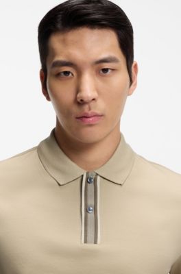 Mercerised-cotton polo shirt with striped trims, Light Beige