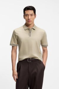 Mercerised-cotton polo shirt with striped trims, Light Beige