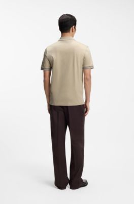 Mercerised-cotton polo shirt with striped trims, Light Beige