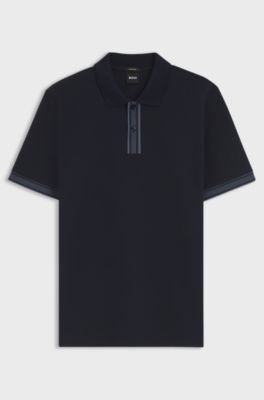 Mercerised-cotton polo shirt with striped trims, Dark Blue