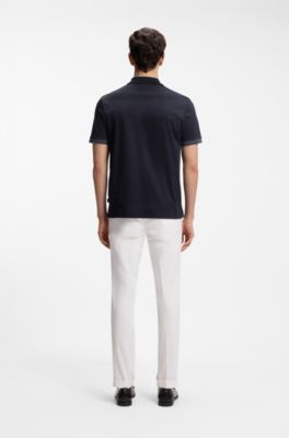 Mercerised-cotton polo shirt with striped trims, Dark Blue