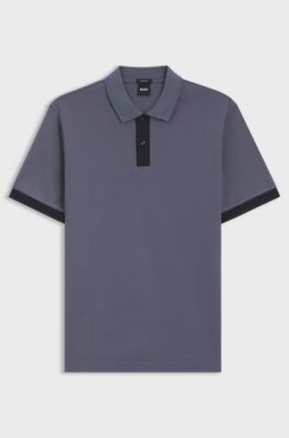 Mercerised-cotton polo shirt with striped trims, Blue