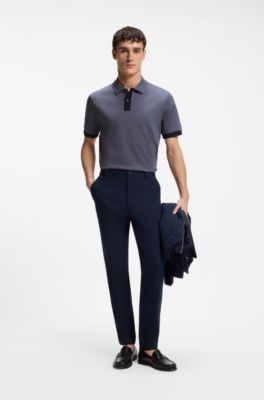 Mercerised-cotton polo shirt with striped trims, Blue