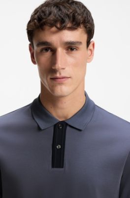 Mercerised-cotton polo shirt with striped trims, Blue
