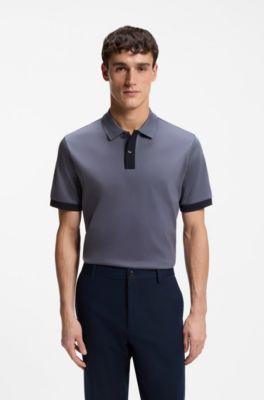 Mercerised-cotton polo shirt with striped trims, Blue