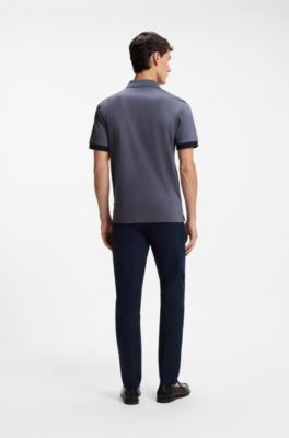 Mercerised-cotton polo shirt with striped trims, Blue