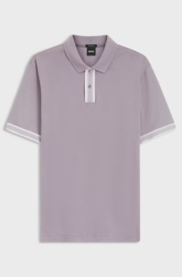 Mercerised-cotton polo shirt with striped trims, Light Purple