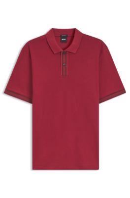 Mercerised-cotton polo shirt with striped trims, Red