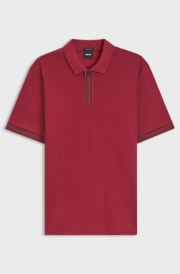Mercerised-cotton polo shirt with striped trims, Red