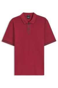 Mercerised-cotton polo shirt with striped trims, Red