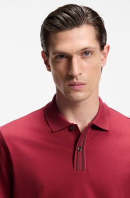 Mercerised-cotton polo shirt with striped trims, Red