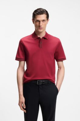 Mercerised-cotton polo shirt with striped trims, Red