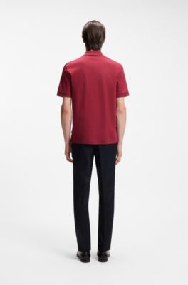 Mercerised-cotton polo shirt with striped trims, Red