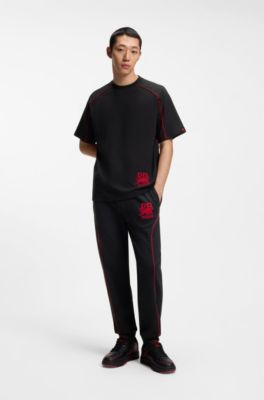 HUGO x RB-shirt met korte mouwen van een katoenmix met contrastbiezen, Zwart