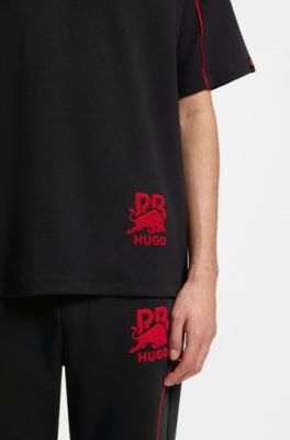 HUGO x RB-shirt met korte mouwen van een katoenmix met contrastbiezen, Zwart