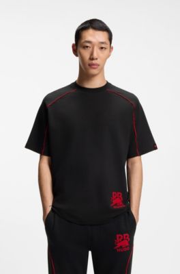 HUGO x RB-shirt met korte mouwen van een katoenmix met contrastbiezen, Zwart