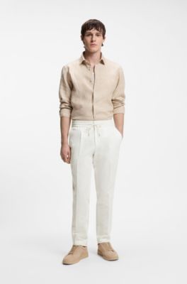 Slim-fit trousers in cotton and linen, White