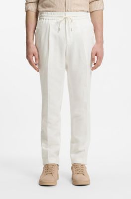 Slim-fit trousers in cotton and linen, Natural