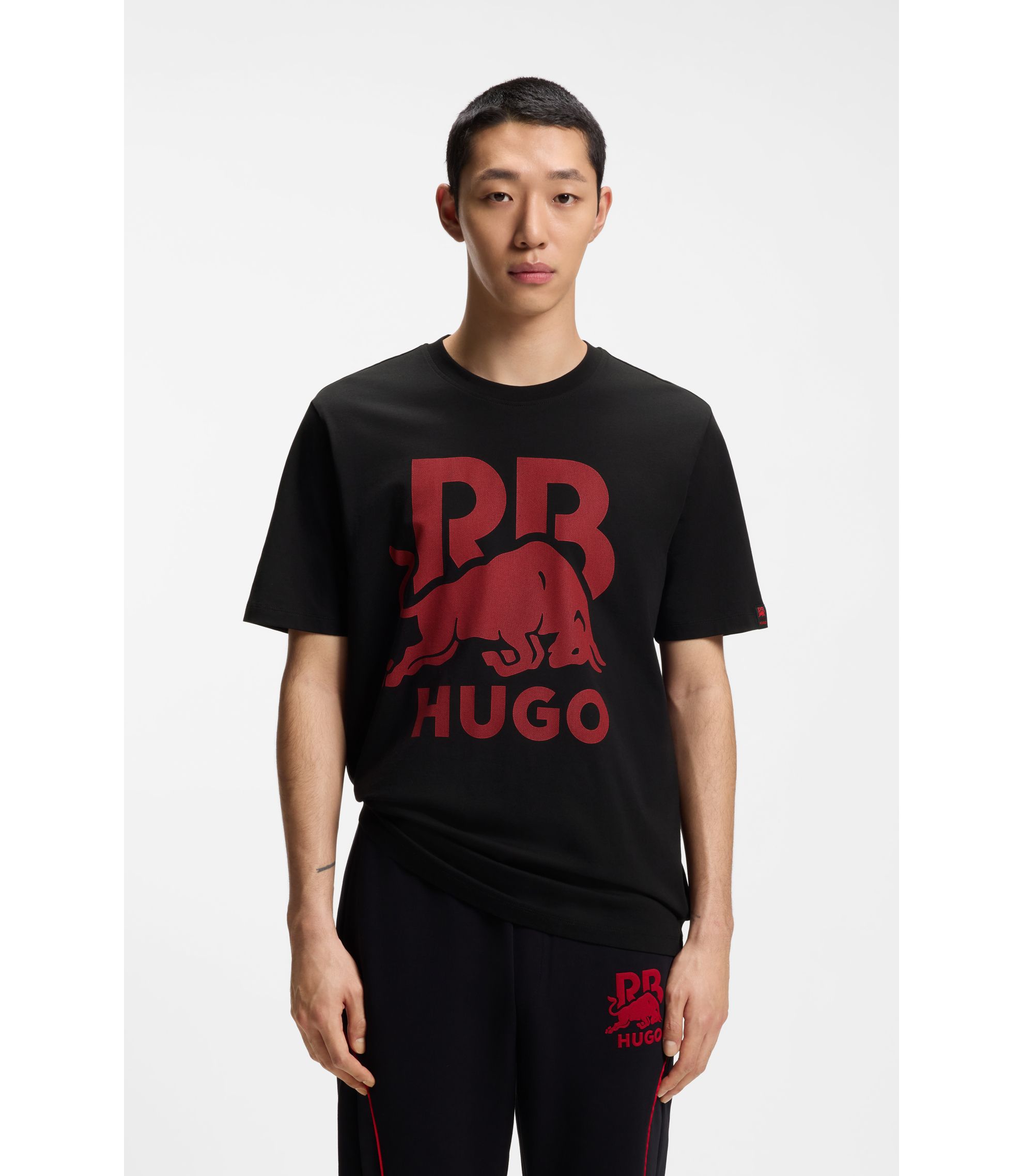 HUGO - HUGO x RB cotton T-shirt with bull motif - Black