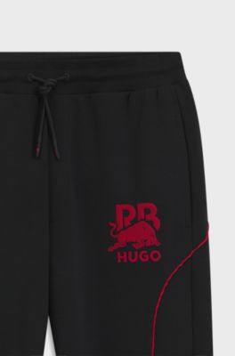 HUGO x RB stretch-cotton tracksuit bottoms with bull motif, Black