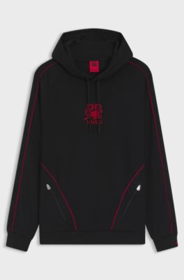 HUGO x RB stretch-cotton hoodie with bull motif, Black