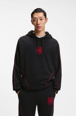 HUGO x RB stretch-cotton hoodie with bull motif, Black