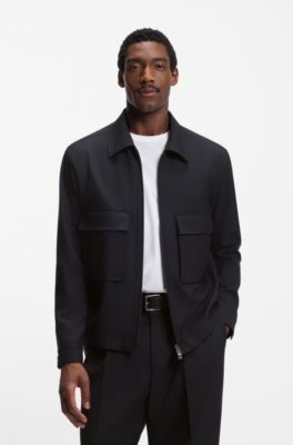 Relaxed-fit zip-up overshirt in melange virgin wool, Dark Blue