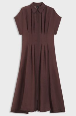 Pleat-waist shirt dress with linen, Dark Brown