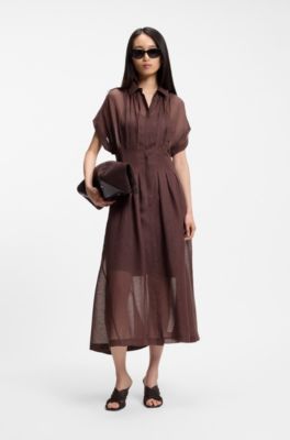 Pleat-waist shirt dress with linen, Dark Brown