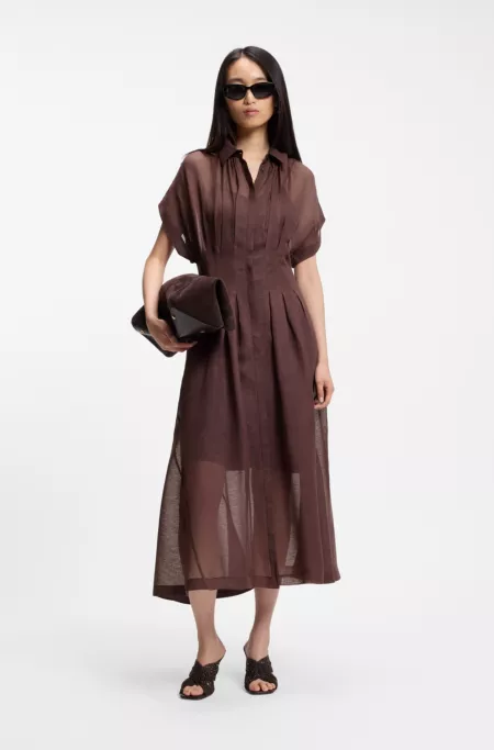 Pleat-waist shirt dress with linen
