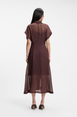 Pleat-waist shirt dress with linen, Dark Brown