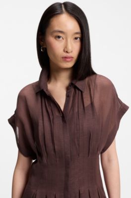 Pleat-waist shirt dress with linen, Dark Brown
