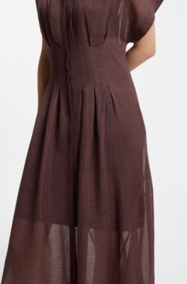 Pleat-waist shirt dress with linen, Dark Brown
