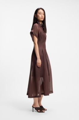 Pleat-waist shirt dress with linen, Dark Brown