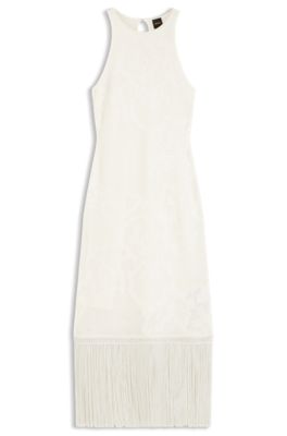 Slim-fit dress with floral pattern and fringed hem, Natural