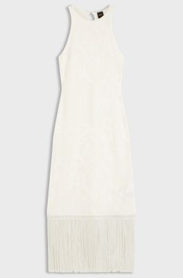 Slim-fit dress with floral pattern and fringed hem, Natural