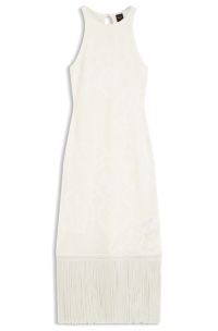 Slim-fit dress with floral pattern and fringed hem, Natural