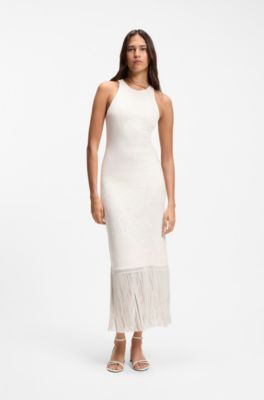 Slim-fit dress with floral pattern and fringed hem, Natural