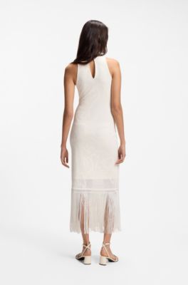 Slim-fit dress with floral pattern and fringed hem, Natural