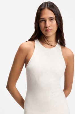 Slim-fit dress with floral pattern and fringed hem, Natural