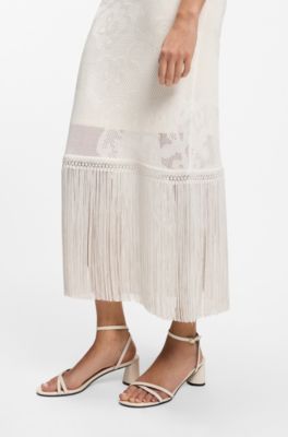 Slim-fit dress with floral pattern and fringed hem, Natural