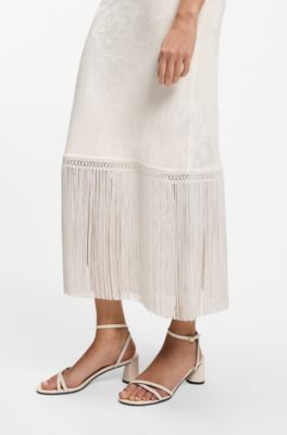 Slim-fit dress with floral pattern and fringed hem, Natural