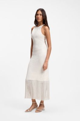 Slim-fit dress with floral pattern and fringed hem, Natural