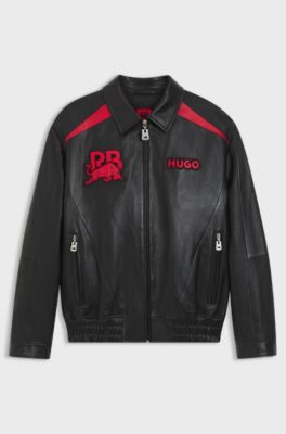 HUGO x RB giubbotto in pelle con motivi di toro, Nero