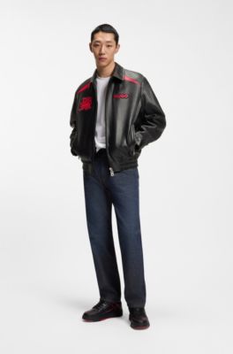 HUGO x RB leather jacket with bull motifs, Black